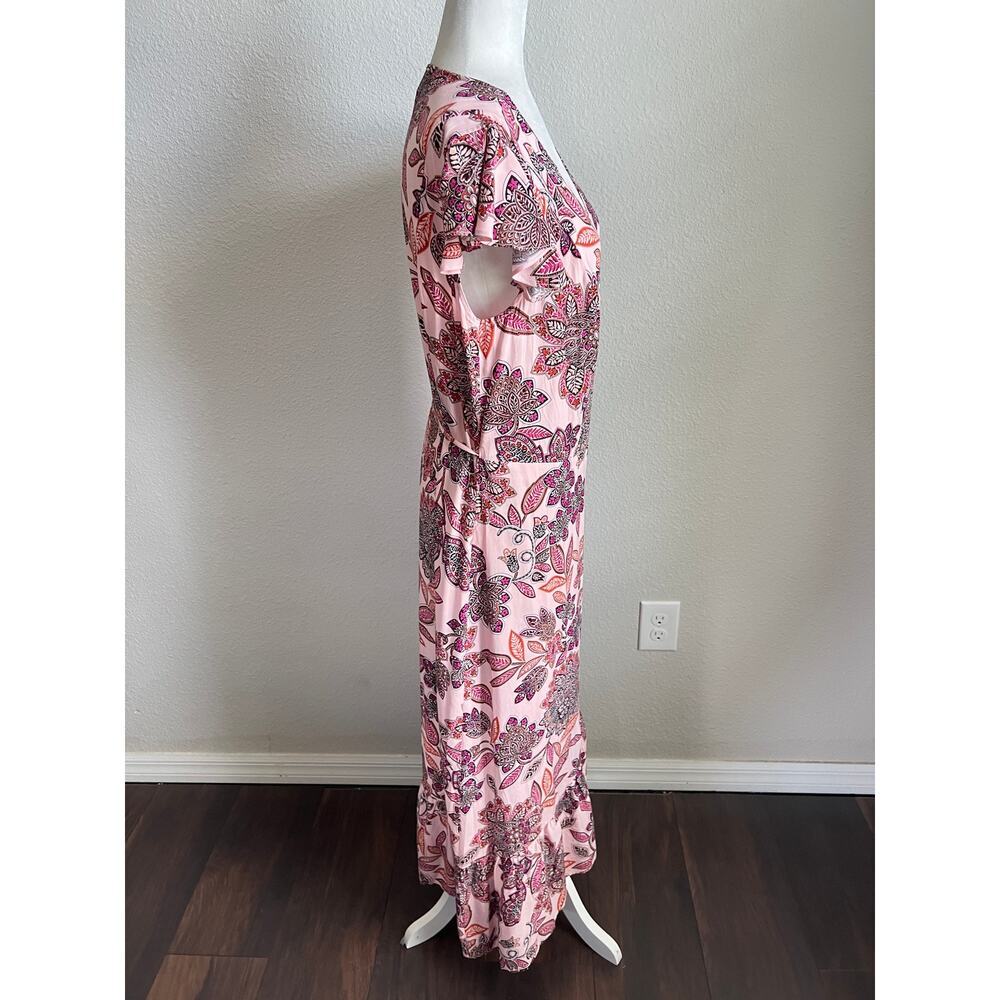 Proud Poppy Pink Floral Wrap Maxi Dress Womens 8 Ruffle Short Sleeve Lightweight - Picture 5 of 7
